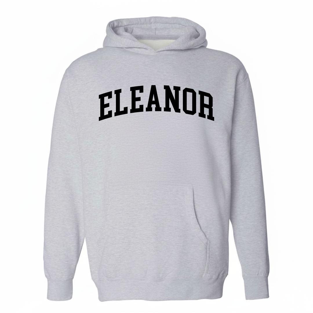 Heather-gray hoodie with the Eleanor, WV varsity arched lettering design on the chest.