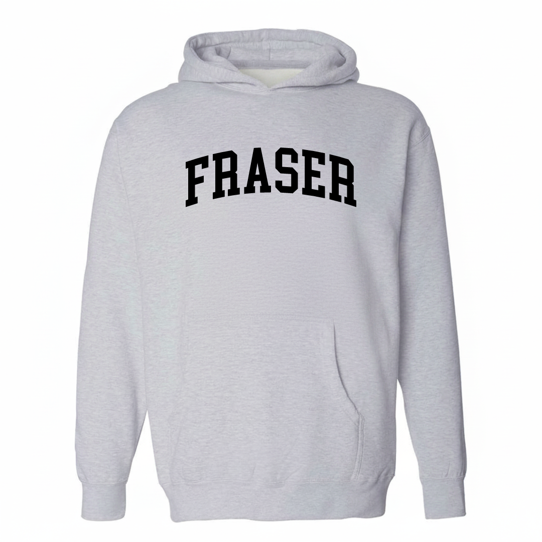 Heather-gray hoodie with the Fraser arched varsity lettering design on the chest.