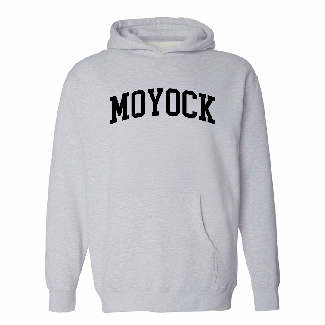 Heather-gray hoodie with the Moyock arched varsity lettering design on the chest.