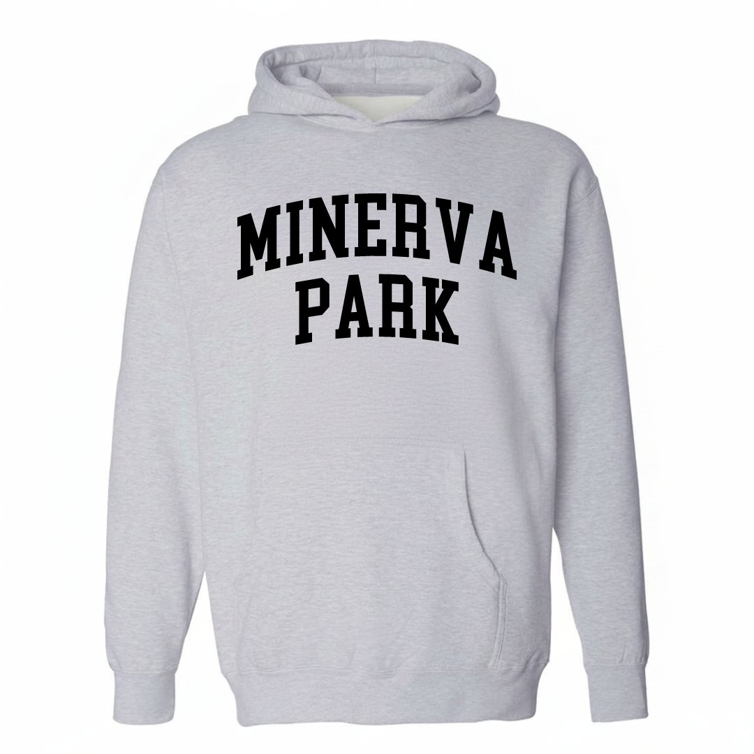 Heather-gray hoodie with the Minerva Park varsity arched lettering design on the chest.