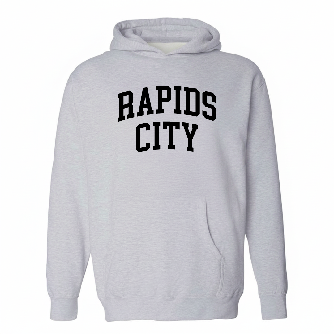 Heather-gray hoodie with the Rapids City varsity arched lettering design on the chest.