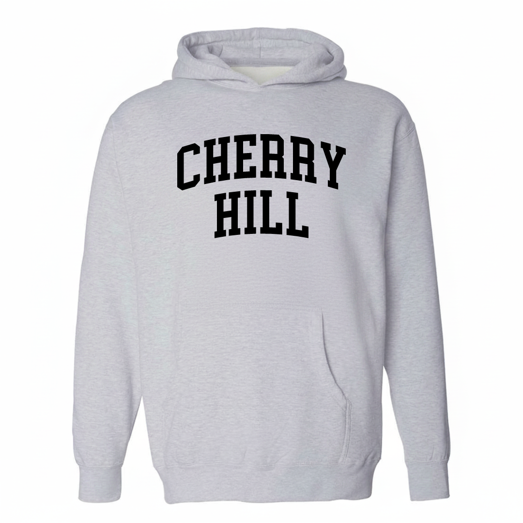 Heather-gray hoodie with the Cherry Hill varsity arched lettering design on the chest.