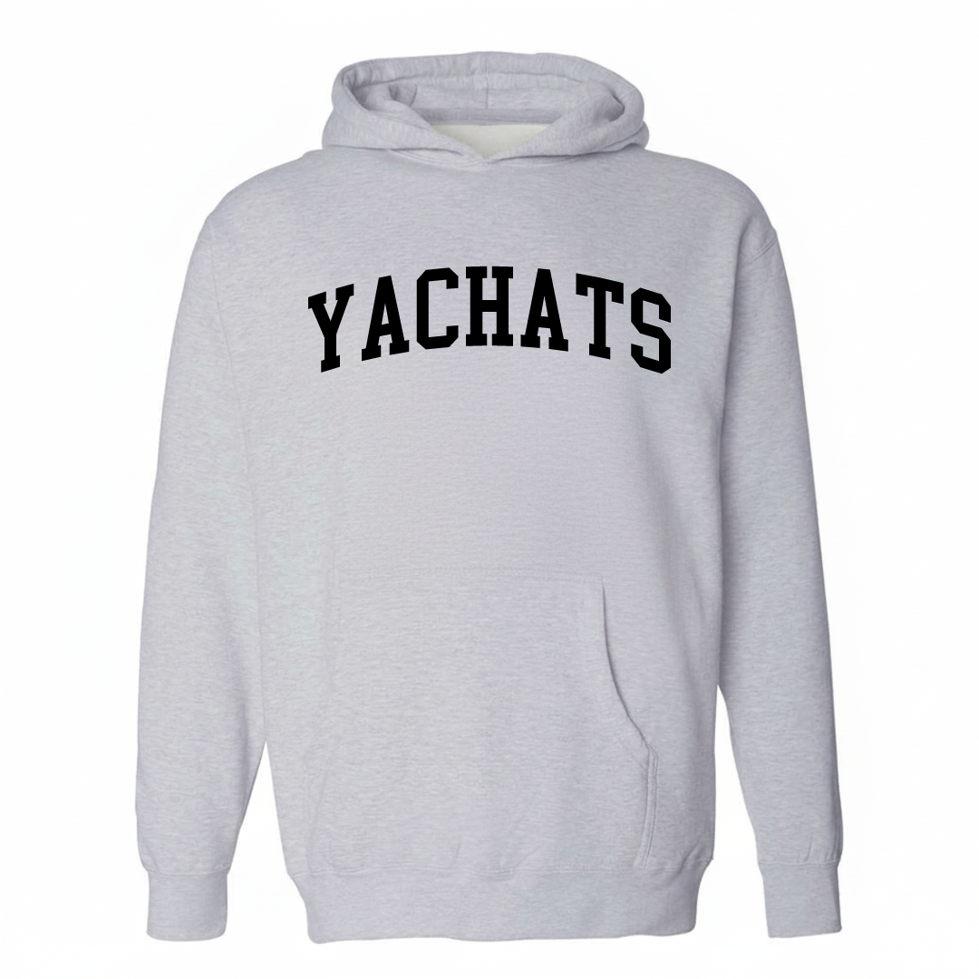 Heather-gray hoodie with the Yachats varsity arched lettering design on the chest.