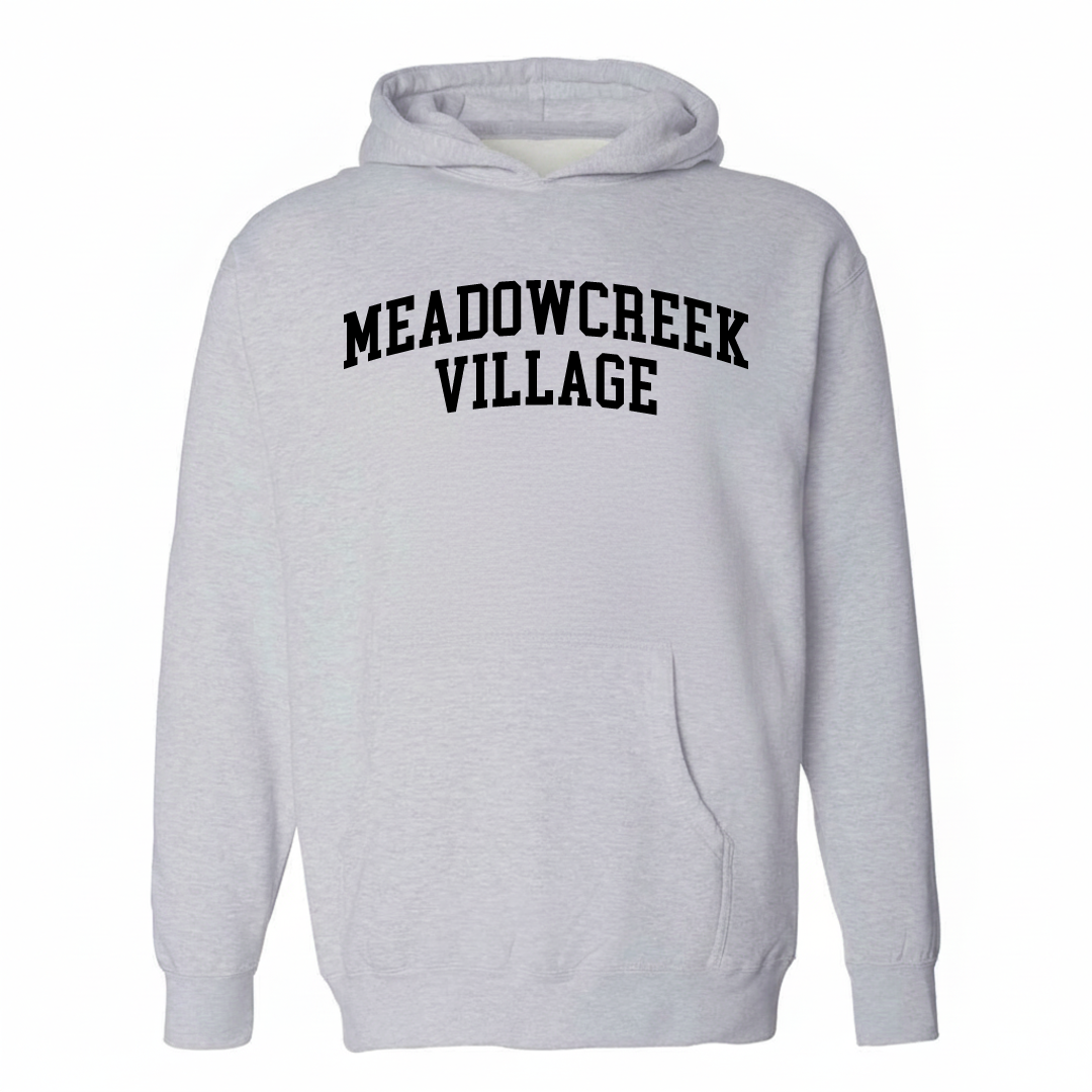 Heather-gray hoodie with the Meadowcreek Village varsity arched lettering design on the chest.