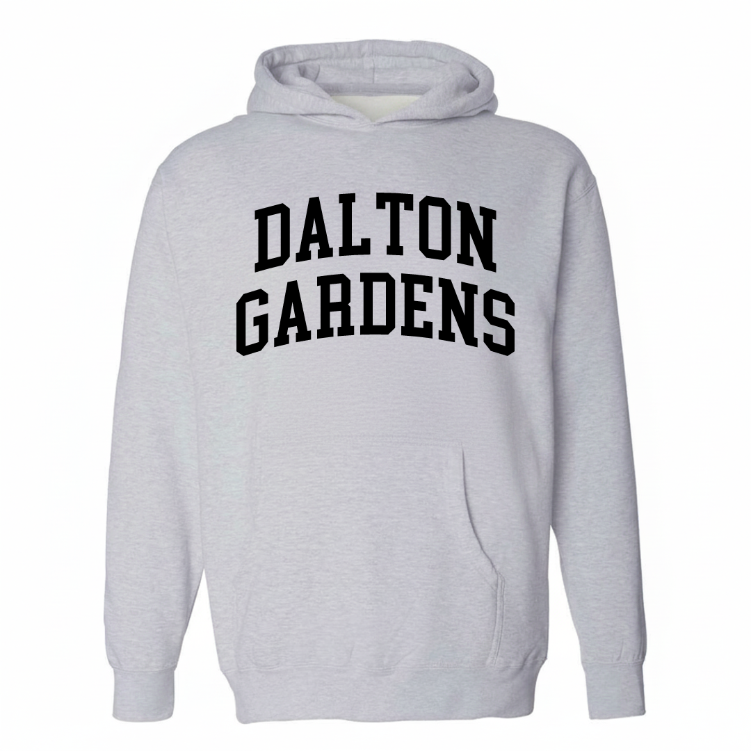 Heather-gray hoodie with the Dalton Gardens varsity arched lettering design on the chest.