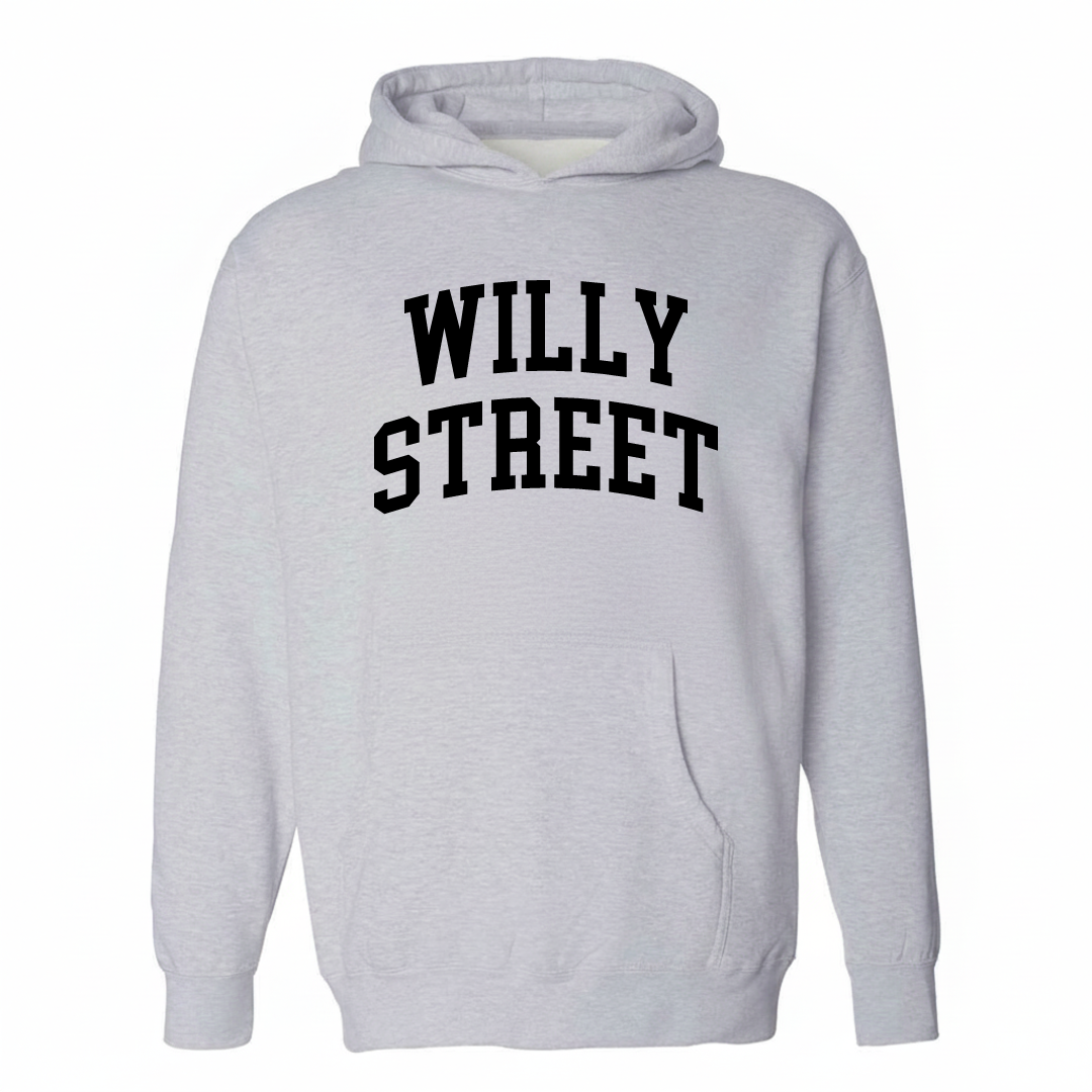 Heather-gray hoodie with the Willy Street varsity arched lettering design on the chest.