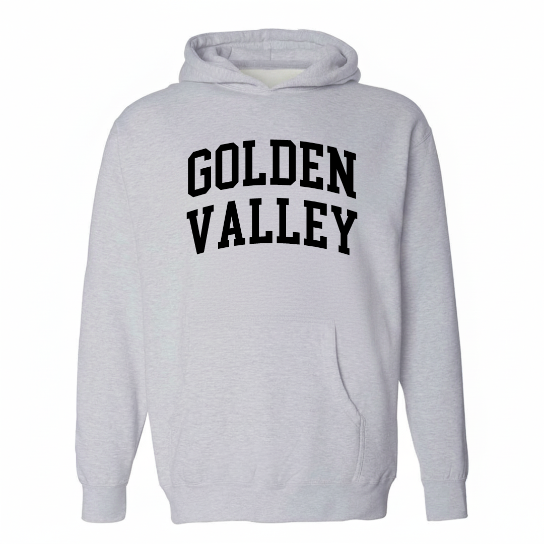 Heather-gray hoodie with the Golden Valley arched lettering varsity-collegiate design on the chest.