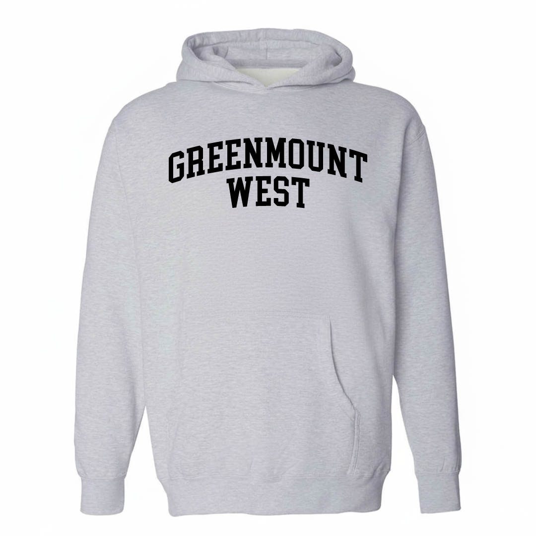 Heather-gray hoodie with the Greenmount West arched varsity lettering design on the chest.