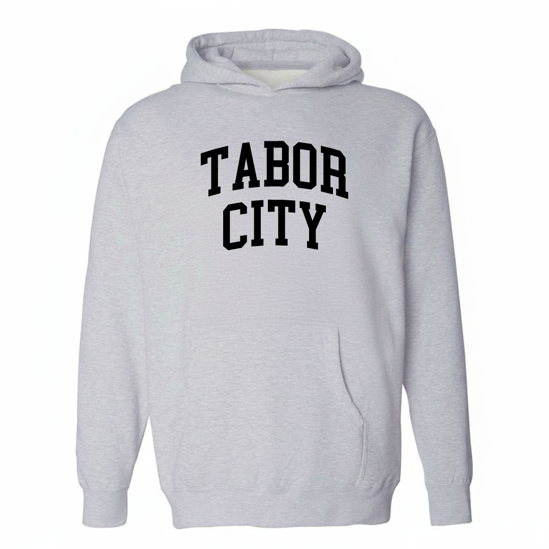 Heather-gray hoodie with the Tabor City varsity arched lettering design on the chest.