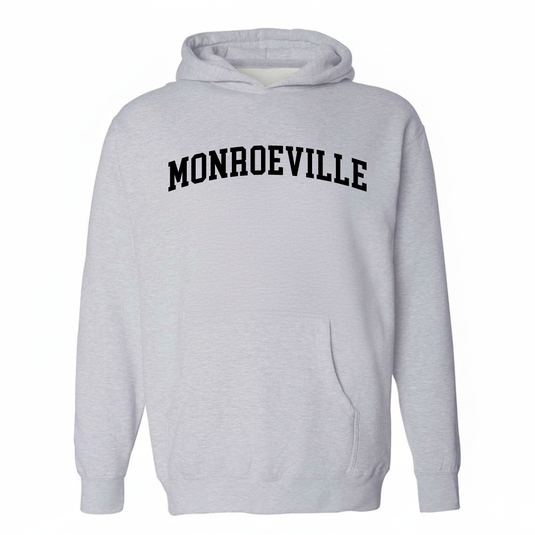 Heather-gray hoodie with the Monroeville varsity arched lettering design on the chest.