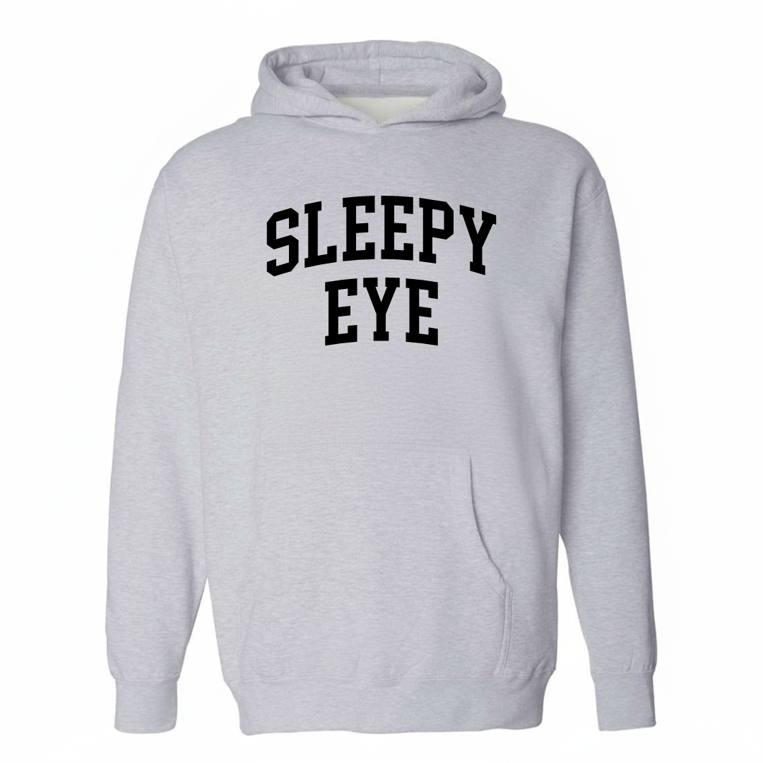 Heather-gray hoodie with the Sleepy Eye varsity arched lettering design on the chest.