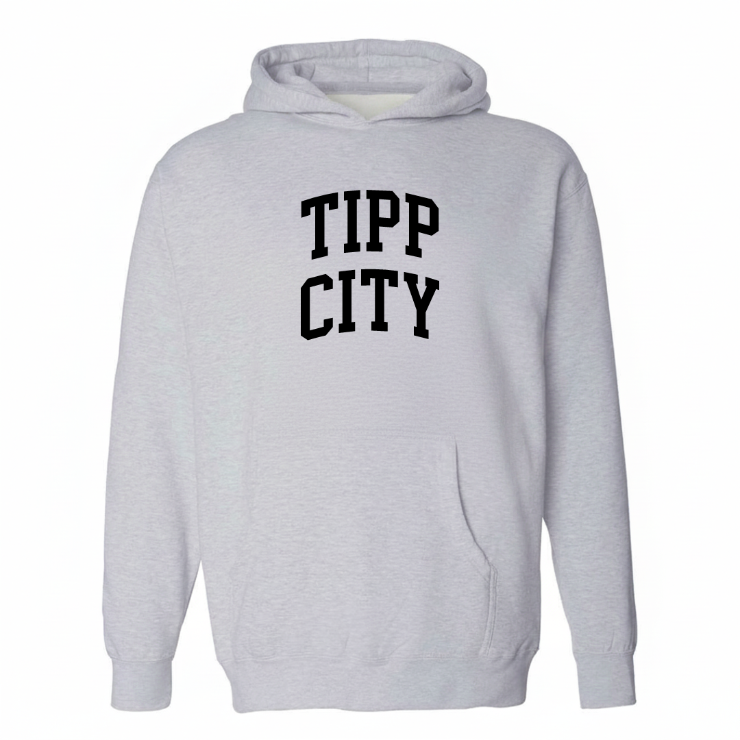 Heather-gray hoodie with the Tipp City arched lettering varsity-collegiate design on the chest.