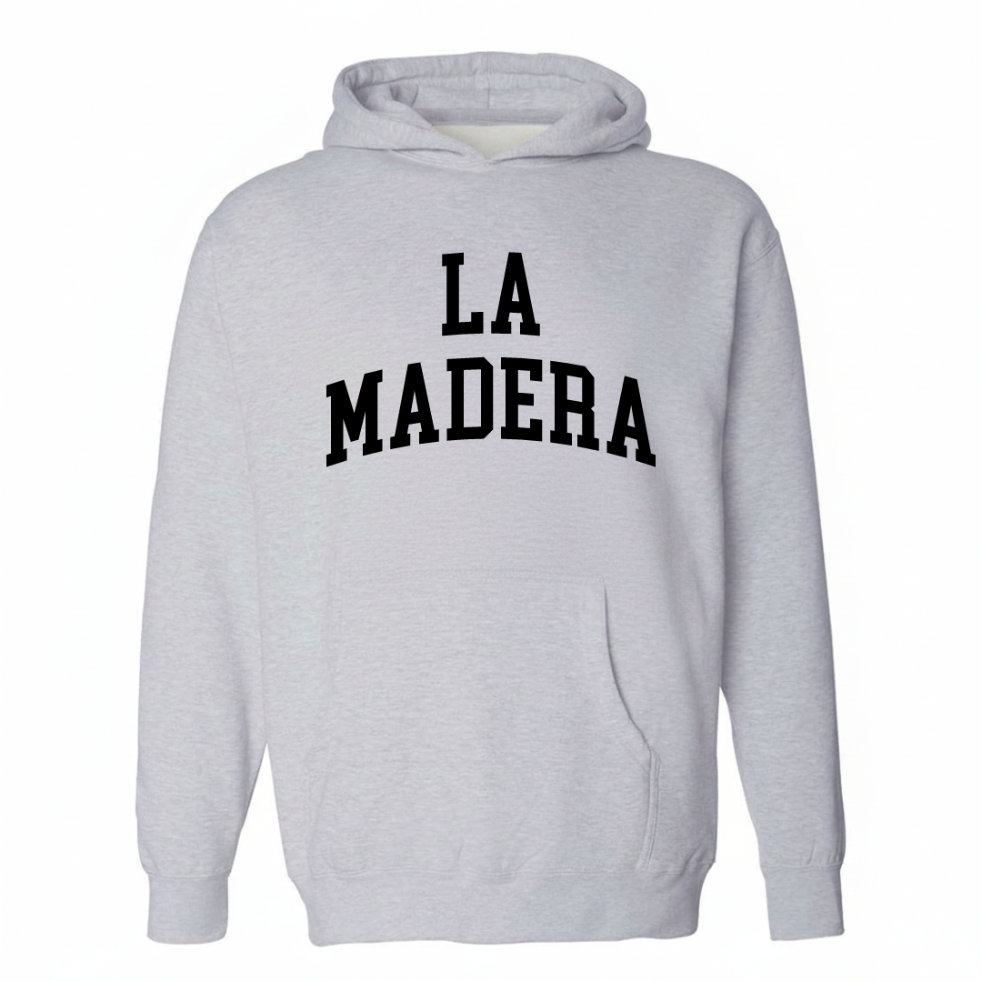 Heather-gray hoodie with the La Madera varsity arched lettering design on the chest.