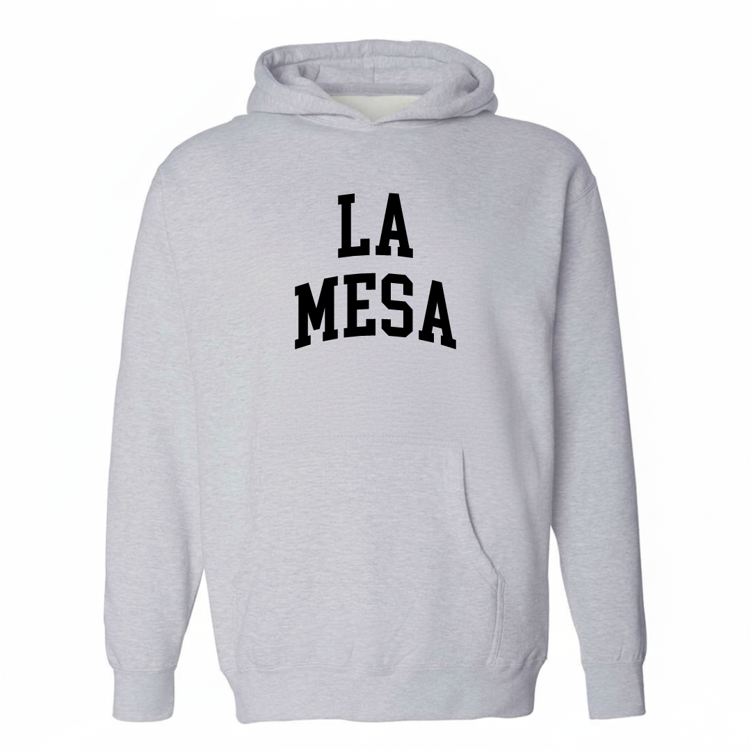 Heather-gray hoodie with the La Mesa arched lettering varsity-collegiate design on the chest.