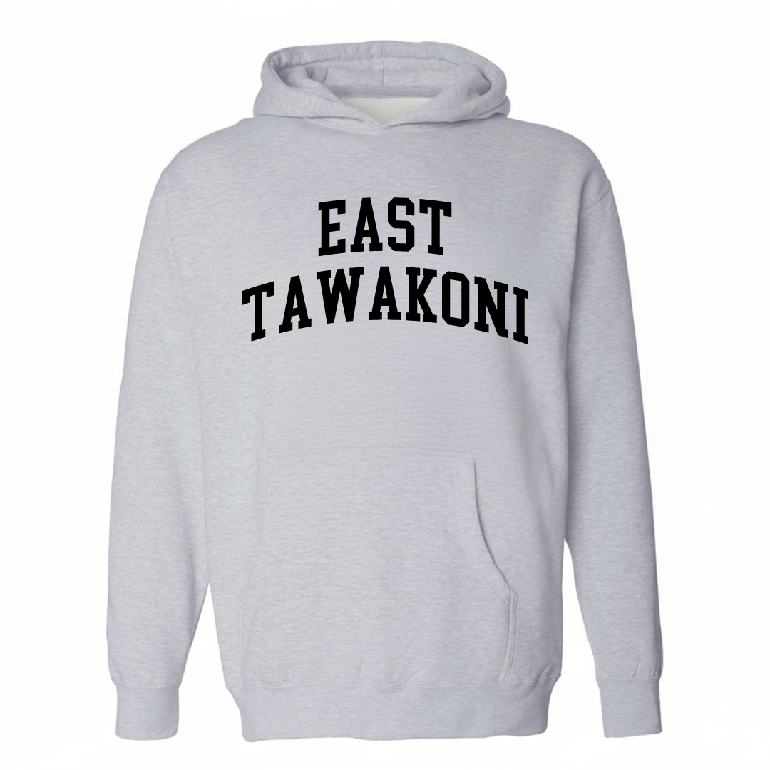 Heather-gray hoodie with the East Tawakoni varsity arched lettering design on the chest.