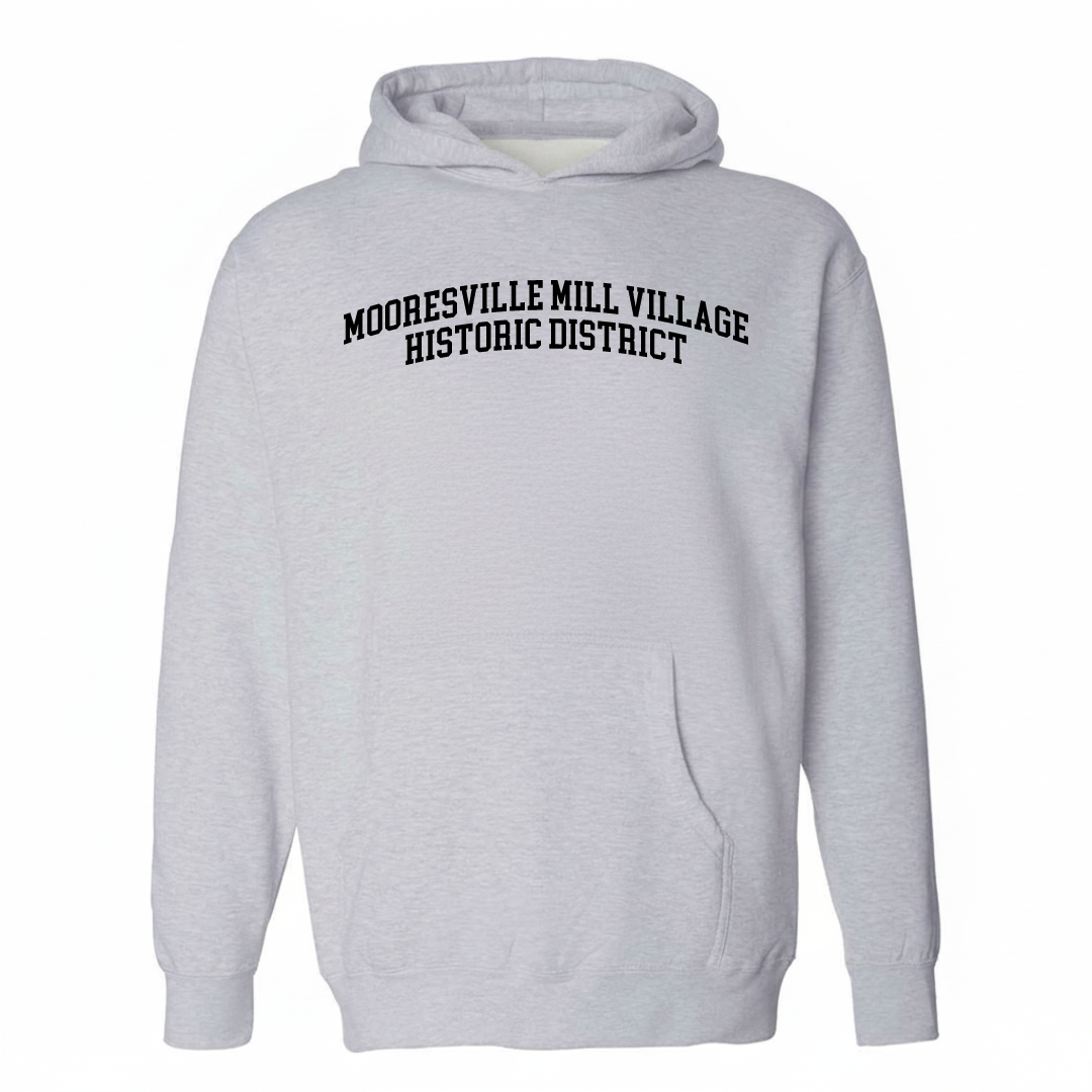 Heather-gray hoodie with the Mooresville Mill Village arched lettering design on the chest.
