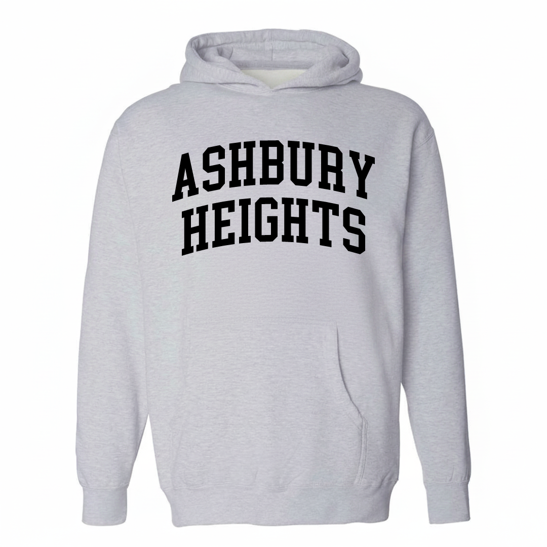 Heather-gray hoodie with the Ashbury Heights varsity arched lettering design on the chest.