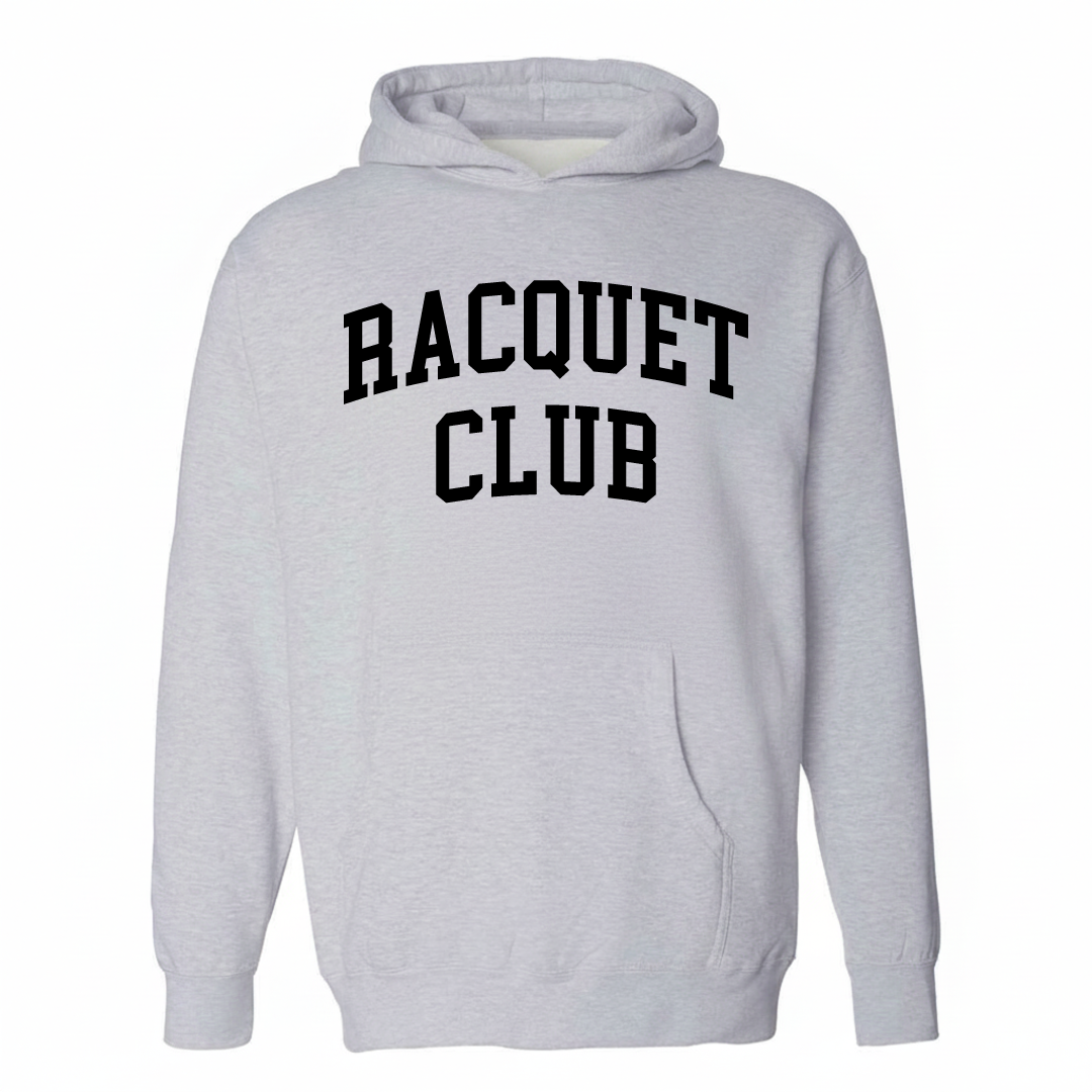 Heather-gray hoodie with the Racquet Club arched varsity lettering design on the chest.