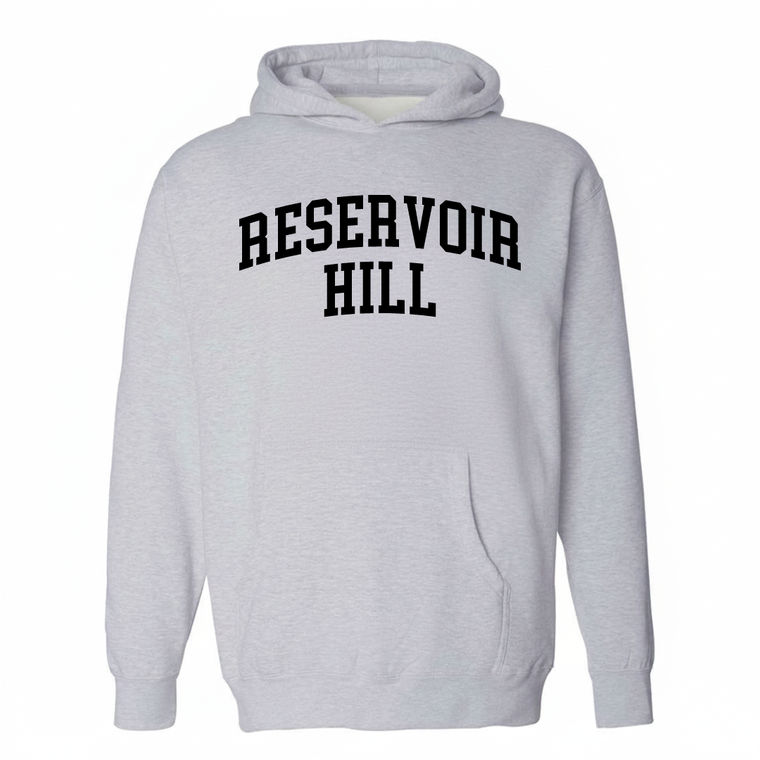 Heather-gray hoodie with the Reservoir Hill varsity arched lettering design on the chest.