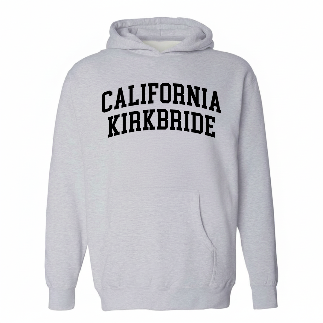 Heather-gray hoodie with the California-Kirkbride varsity arched lettering design on the chest.