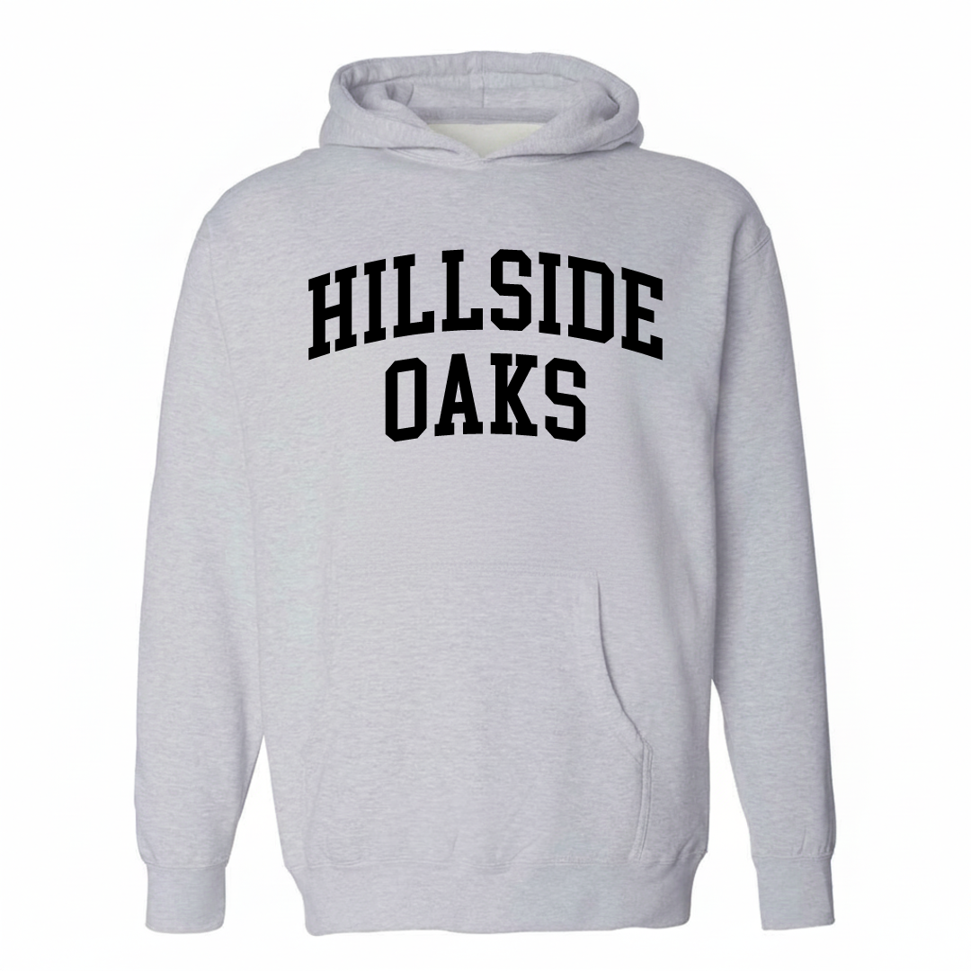 Heather-gray hoodie with the Hillside Oaks varsity arched lettering design on the chest.