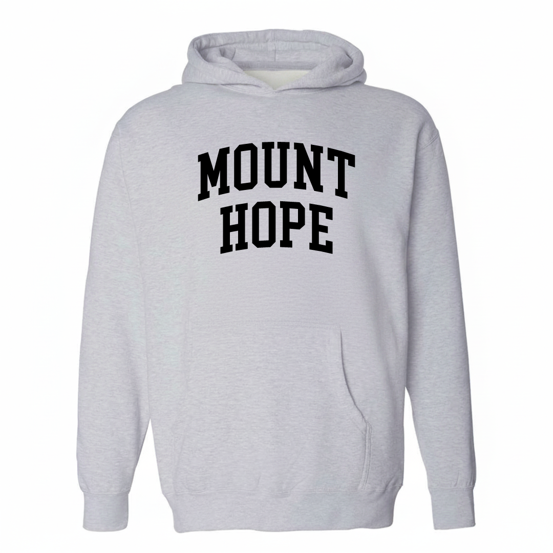 Heather-gray hoodie with the Mount Hope arched varsity lettering design on the chest.