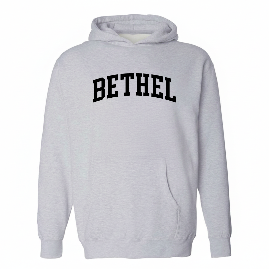 Heather-gray hoodie with the Bethel varsity arched lettering design on the chest.