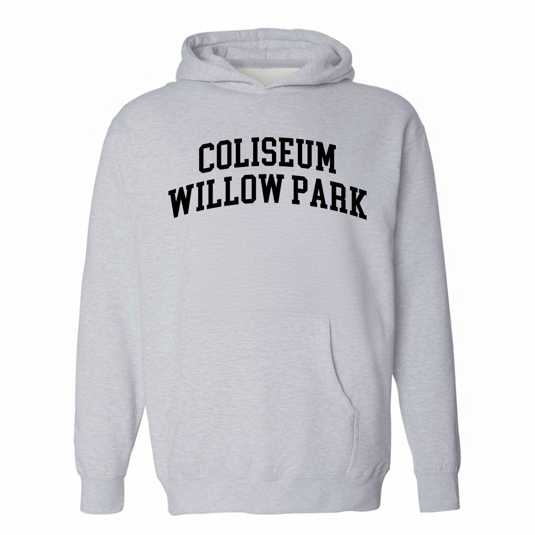 Heather-gray hoodie with the Coliseum Willow Park varsity arched lettering design on the chest.