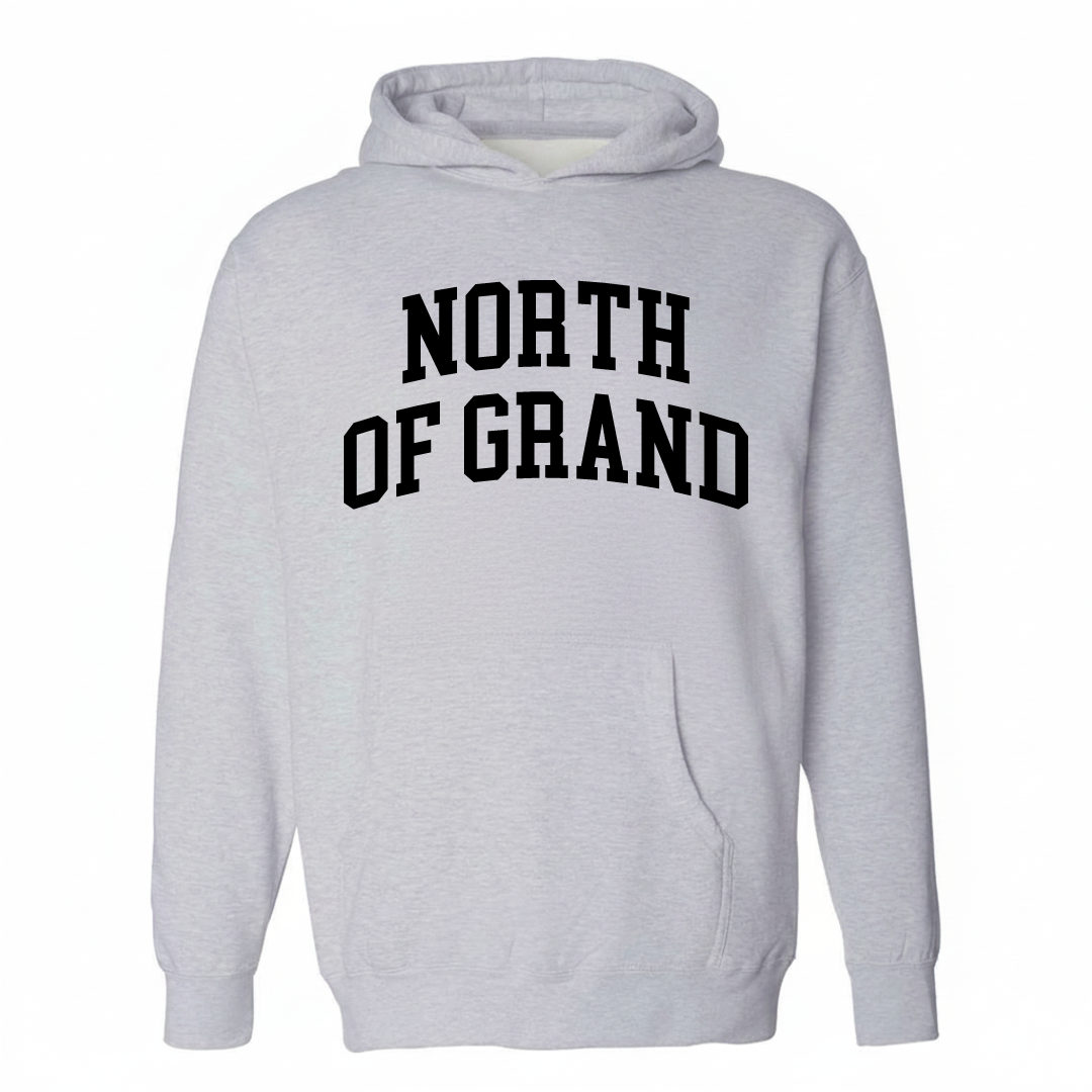 Heather-gray hoodie with the North of Grand varsity arched lettering design on the chest.