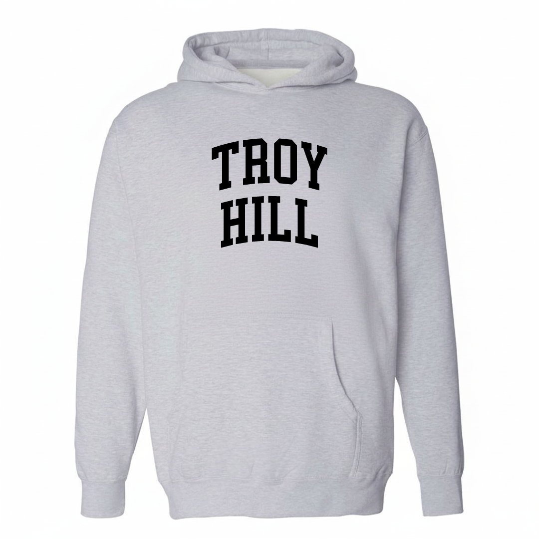 Heather-gray hoodie with the Troy Hill arched lettering design on the chest.