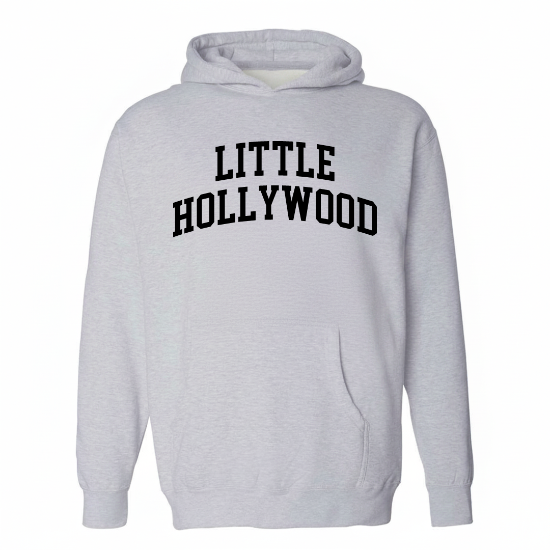 Heather-gray hoodie with the Little Hollywood varsity arched lettering design on the chest.