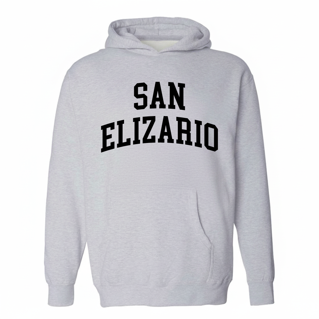 Heather-gray hoodie with the San Elizario varsity arched lettering design on the chest.