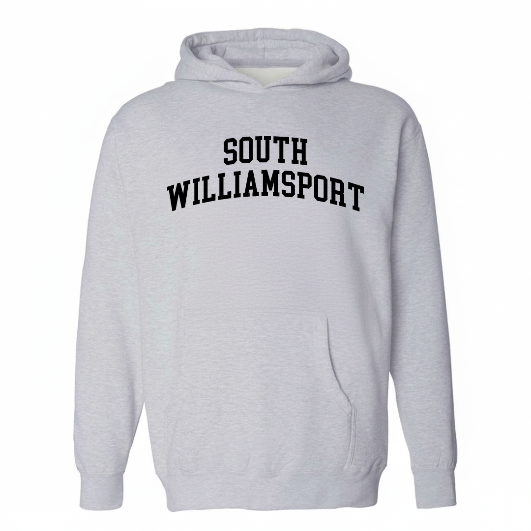 Heather-gray hoodie with the South Williamsport varsity arched lettering design on the chest.