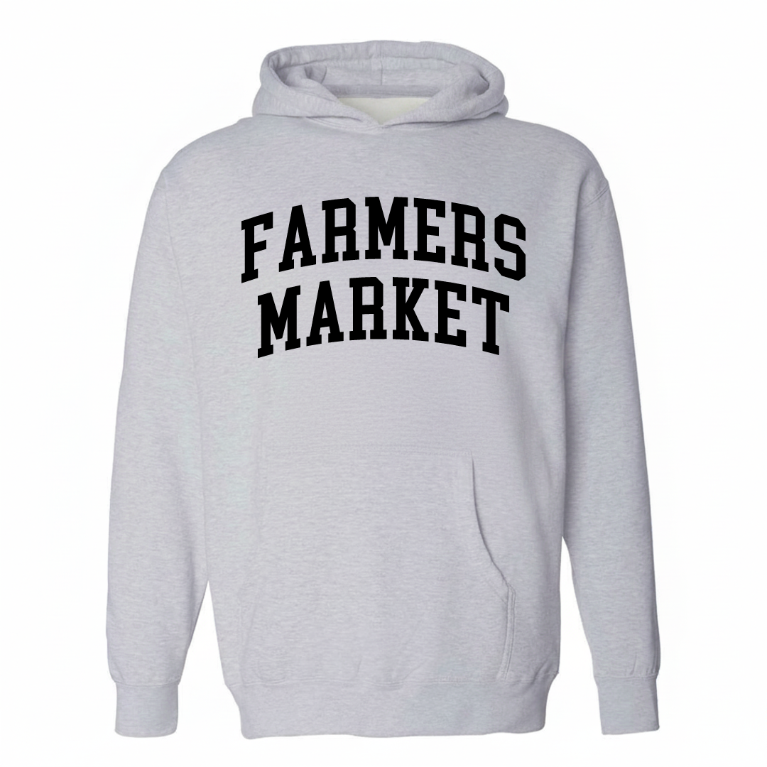 Heather-gray hoodie with the Farmers Market Dallas varsity arched lettering design on the chest.