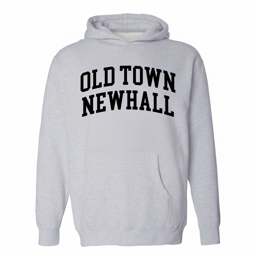 Heather-gray hoodie with the Old Town Newhall varsity arched lettering design on the chest.