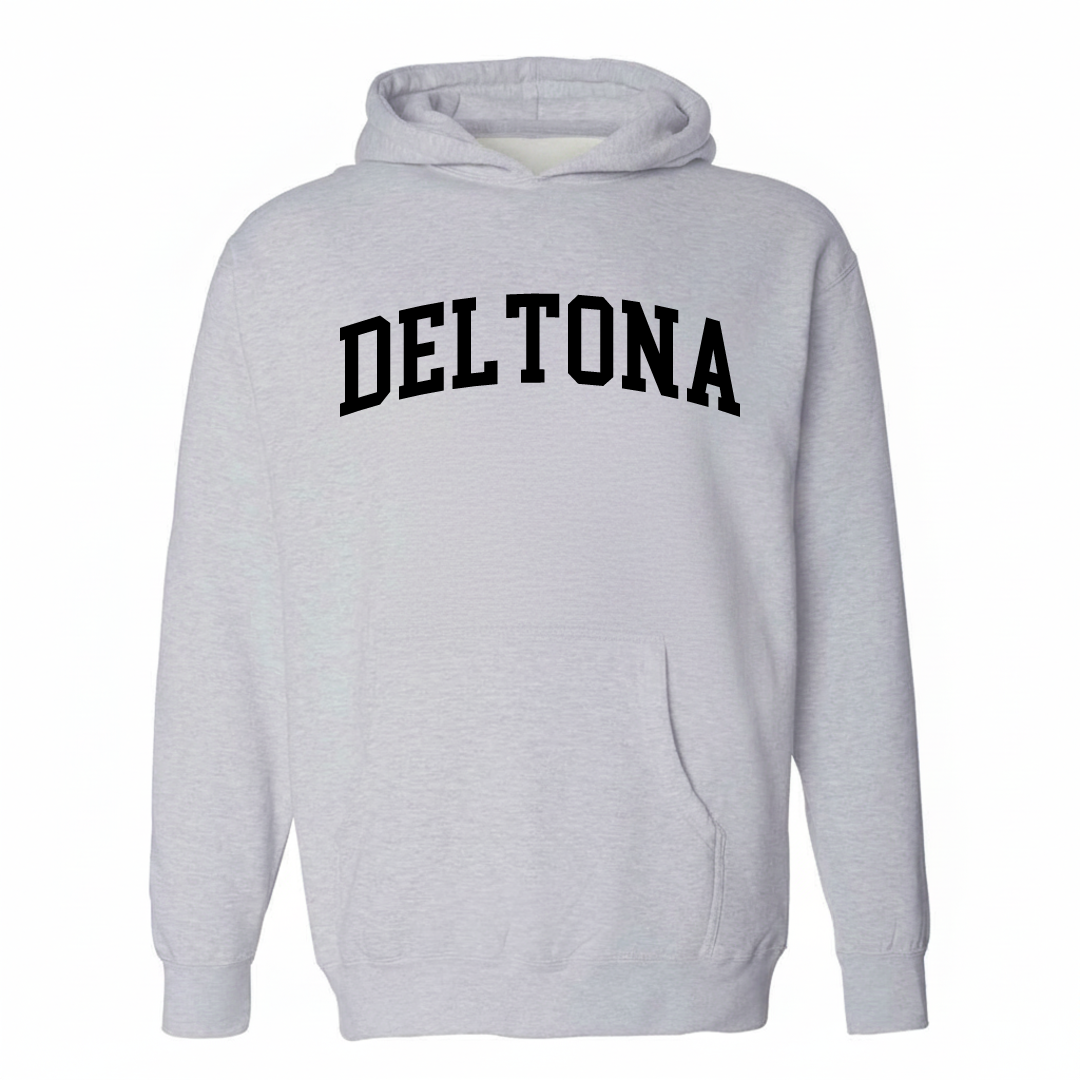 Heather-gray hoodie with the Deltona varsity arched lettering design on the chest.