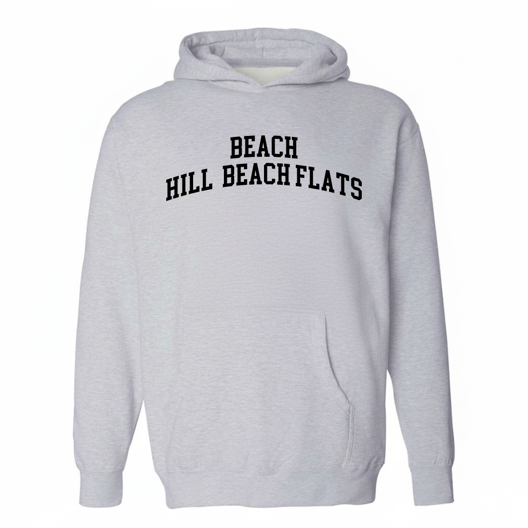 Heather-gray hoodie with the Beach Hill/Beach Flats arched lettering design on the chest.