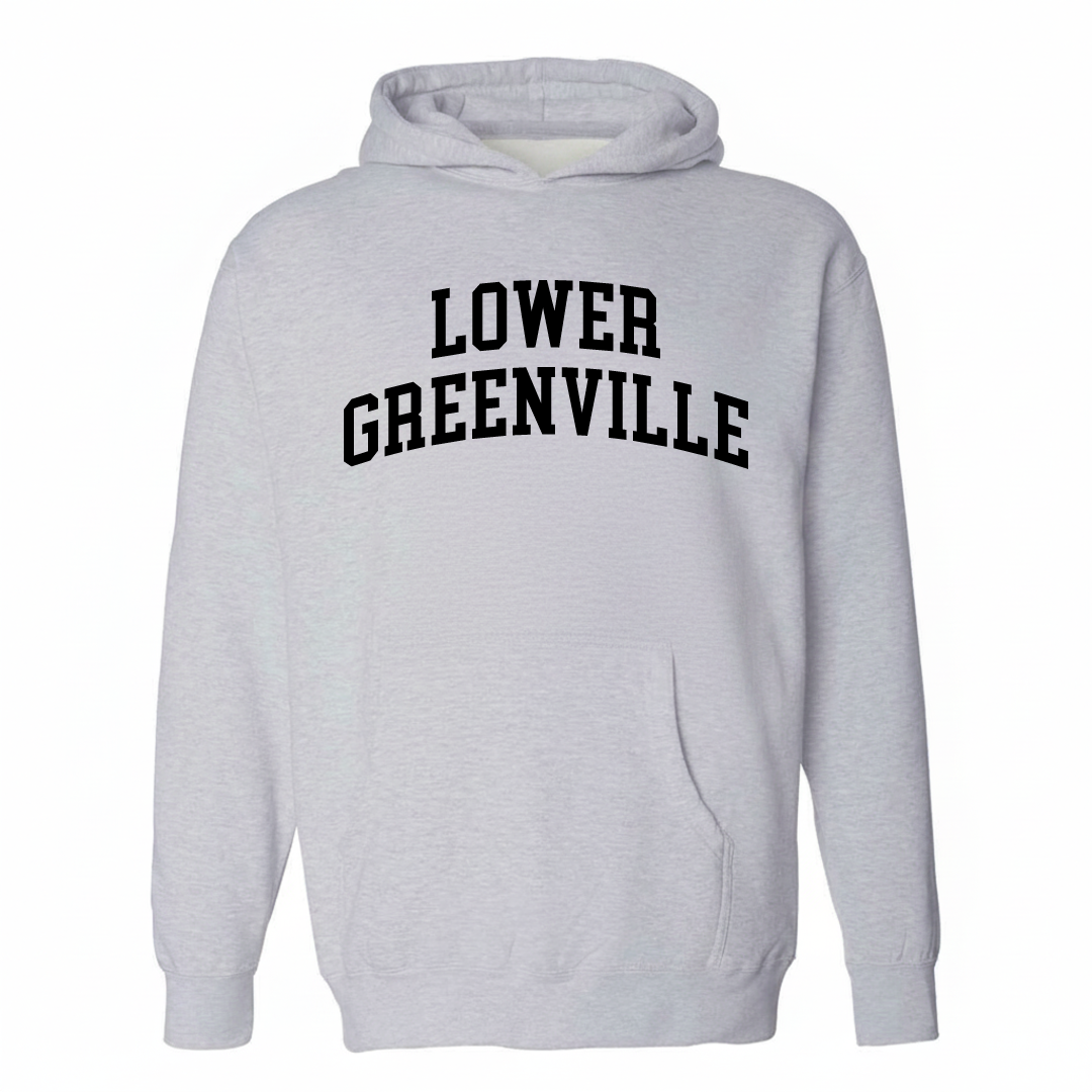 Heather-gray hoodie with the Lower Greenville arched varsity lettering design on the chest.