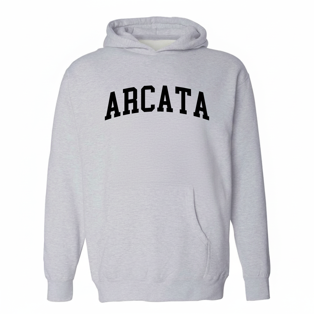 Heather-gray hoodie with the Arcata varsity arched lettering design on the chest.