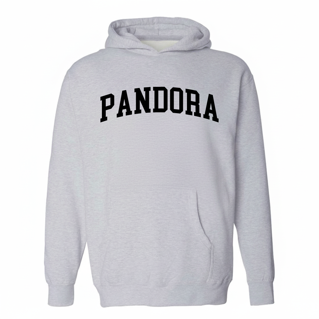 Heather-gray hoodie with the Pandora, Ohio varsity arched lettering design on the chest.