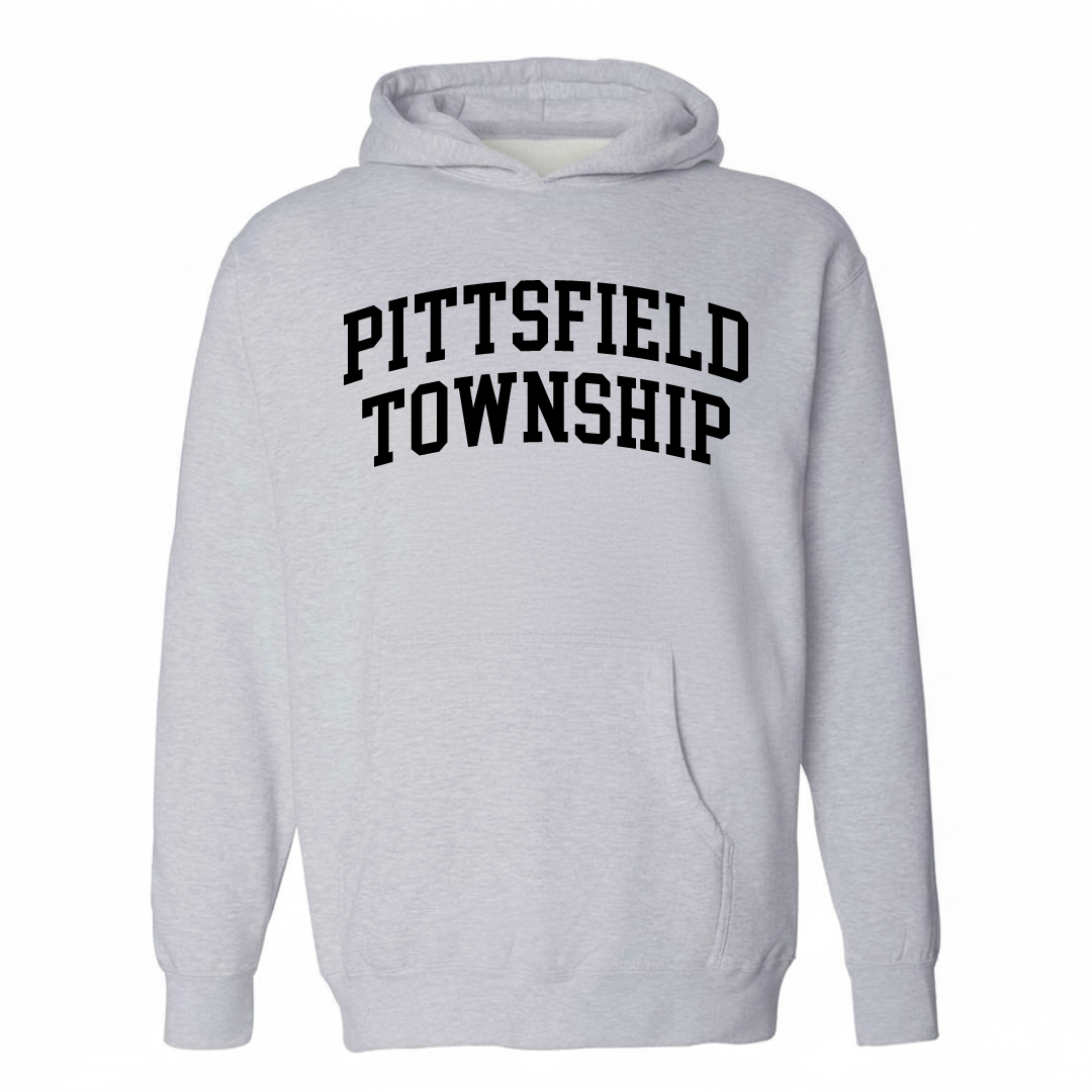 Heather-gray hoodie with the Pittsfield Township varsity arched lettering design on the chest.