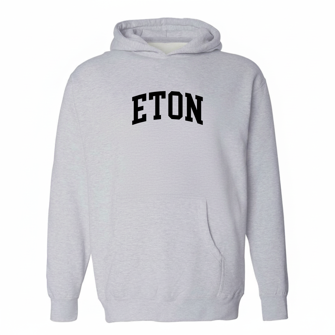 Heather-gray hoodie with the Eton arched varsity lettering design on the chest.