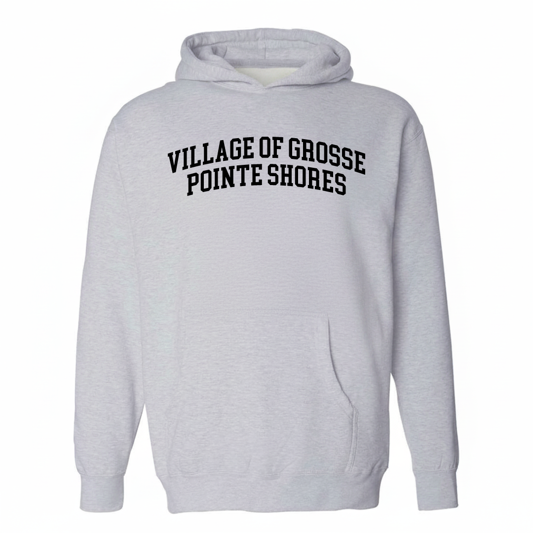 Heather-gray hoodie with the Grosse Pointe Shores varsity arched lettering design on the chest.