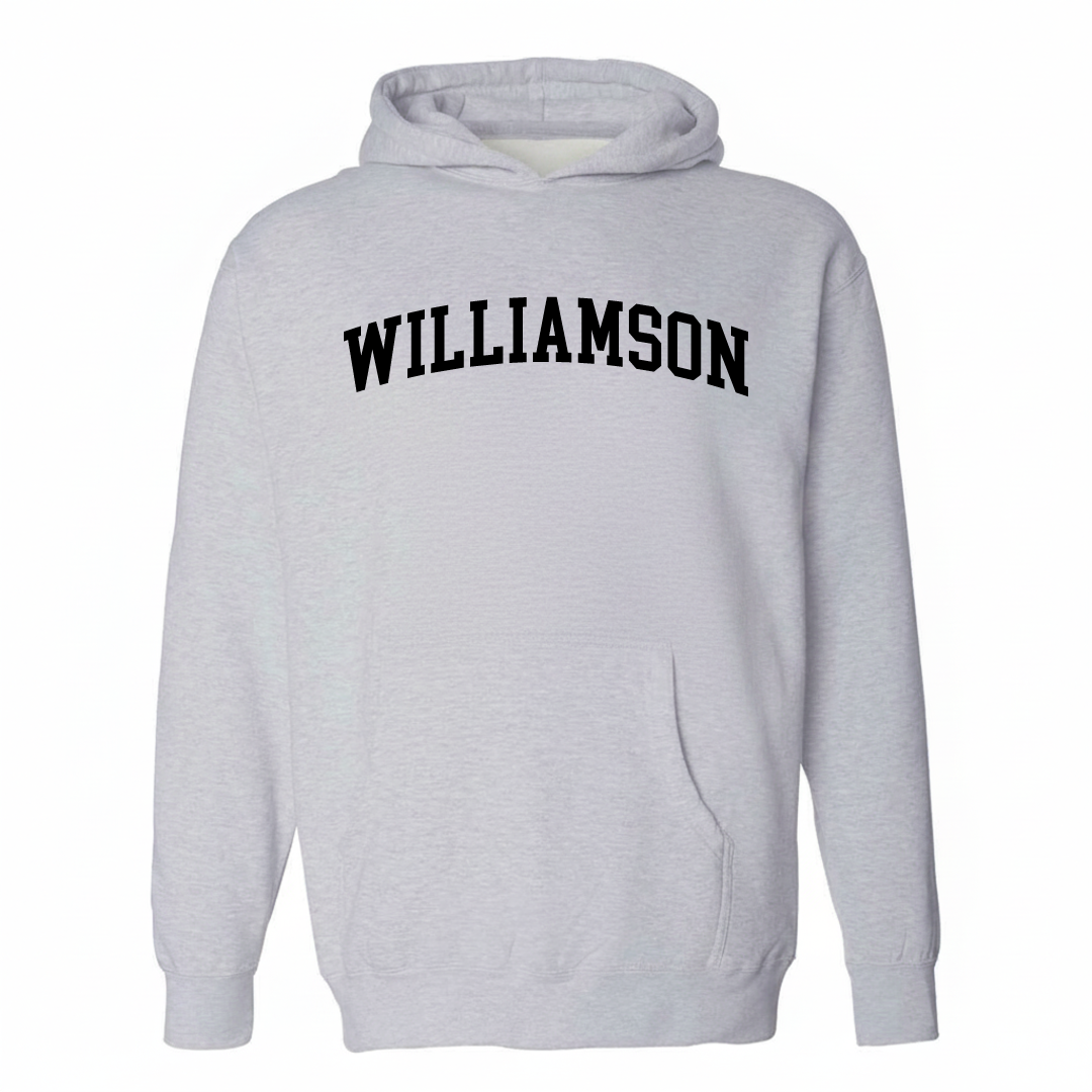 Heather-gray hoodie with the Williamson varsity arched lettering design on the chest.
