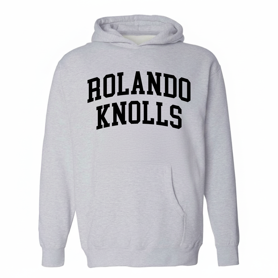 Heather-gray hoodie with the Rolando Knolls varsity arched lettering design on the chest.