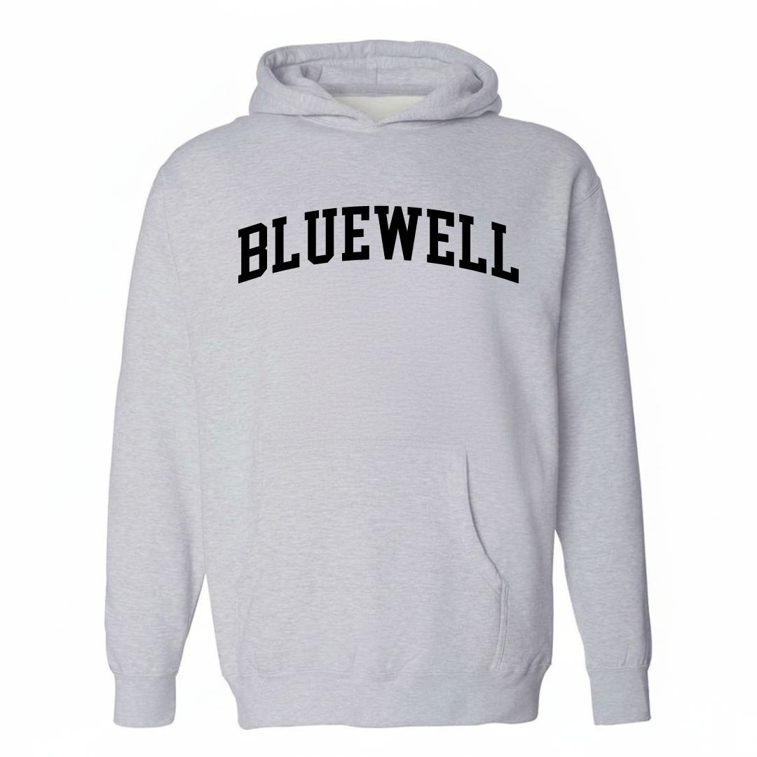 Heather-gray hoodie with the Bluewell arched varsity lettering design on the chest.