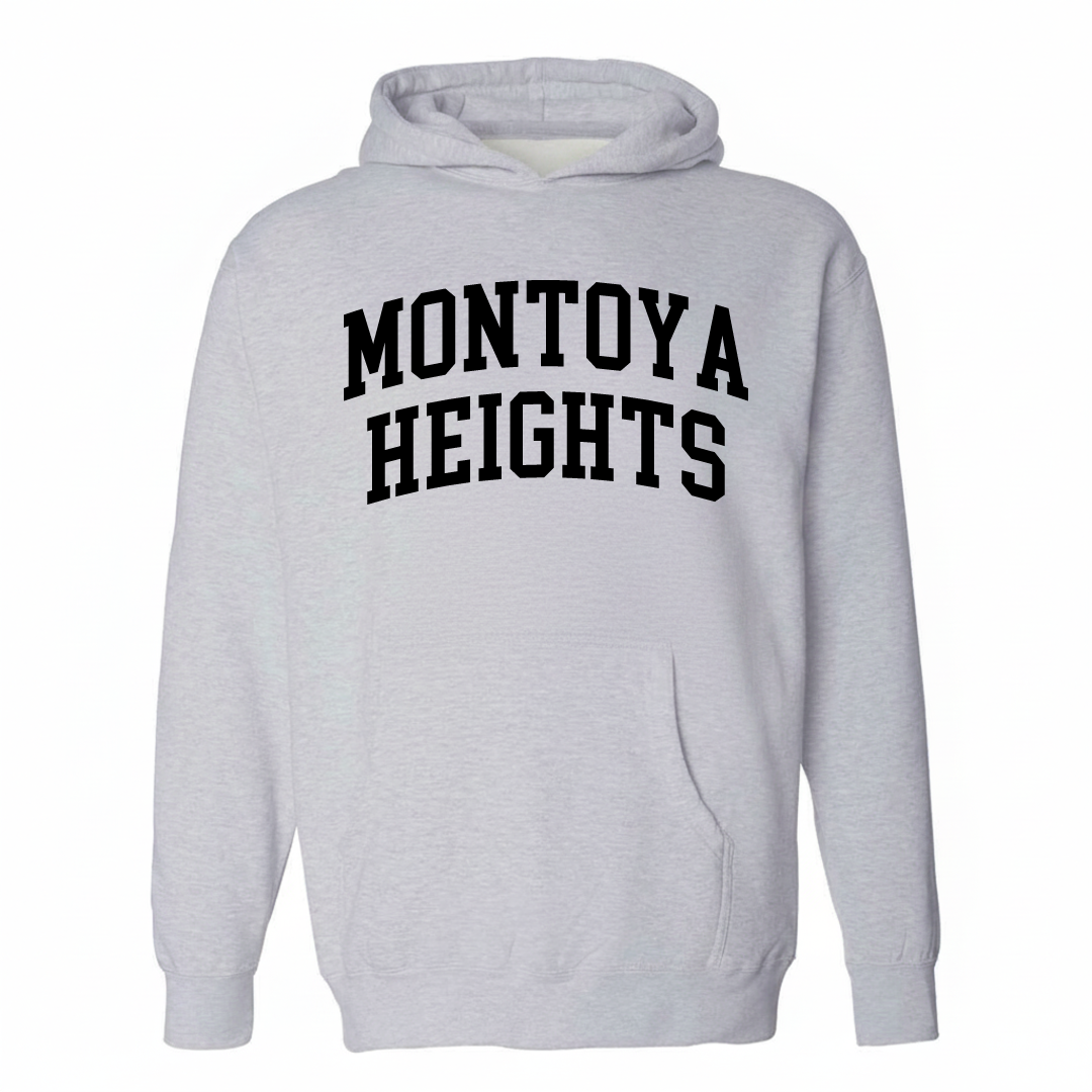 Heather-gray hoodie with the Montoya Heights varsity arched lettering design on the chest.