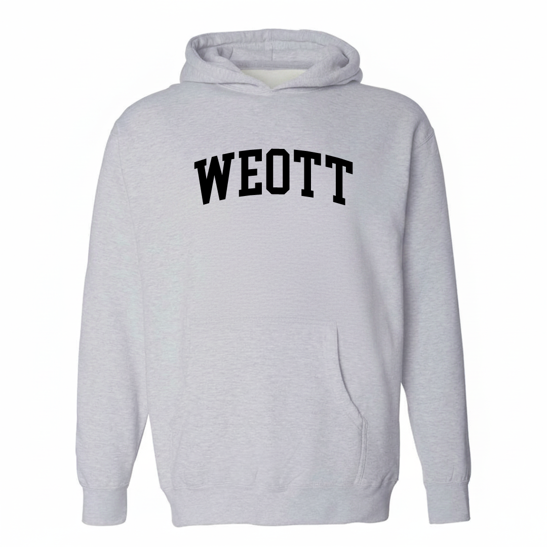 Heather-gray hoodie with the Weott arched lettering varsity-collegiate design on the chest.