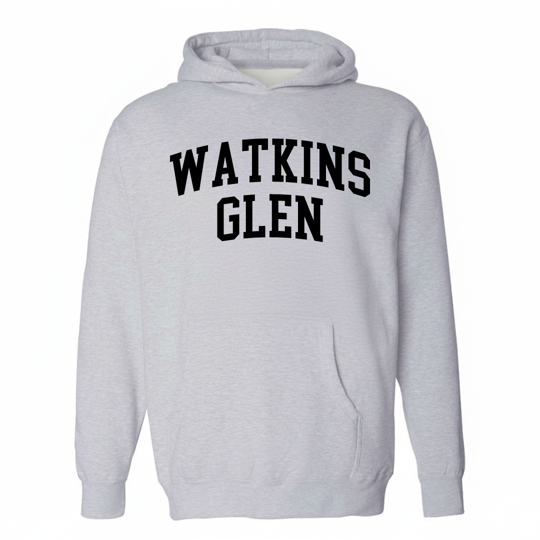 Heather-gray hoodie with the Watkins Glen varsity arched lettering design on the chest.