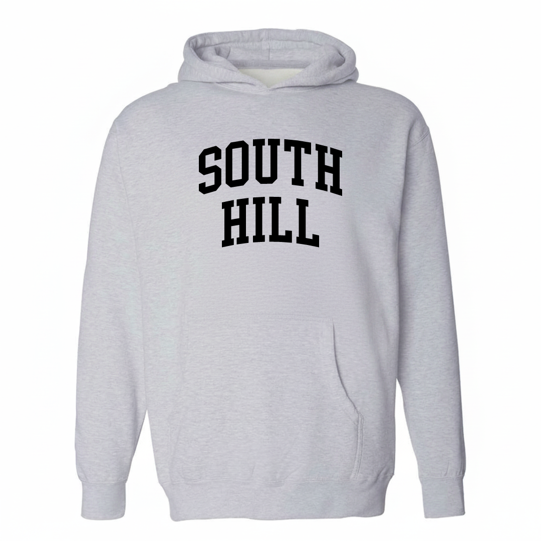 Heather-gray hoodie with the South Hill varsity arched lettering design on the chest.